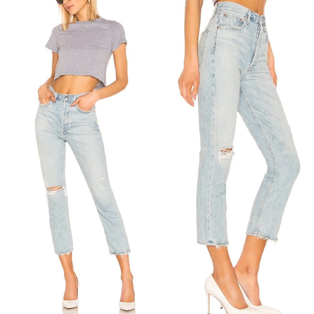 AGOLDE Riley High Rise Straight Crop Denim Jeans Shatter Blue Size 22 Button Fly